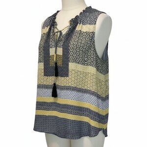 Zac & Rachel Sleeveless Boho Blouse 2X Yellow Black Print Tassel Tie Plus Size